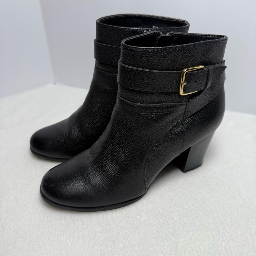 Cole Haan Black Leather Ankle Boots with Gold Buckle